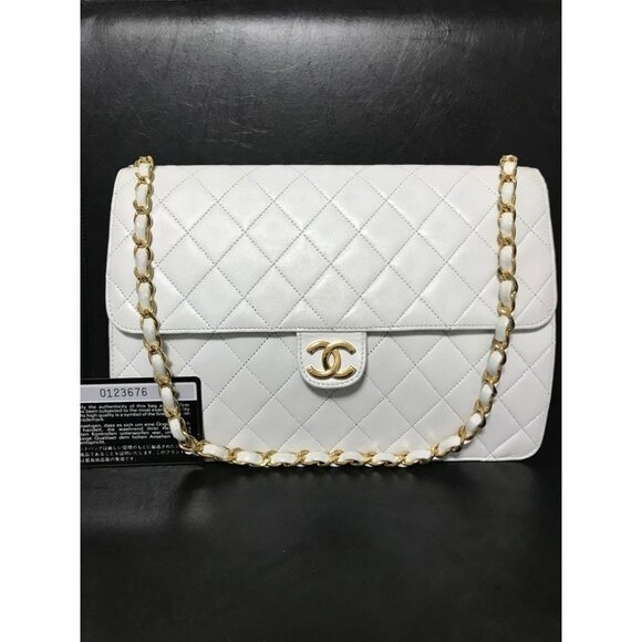 CHANEL Classic Single Flap Bag Quilted Matelasse Lambskin White Purse Vintage - Picture 5 of 16